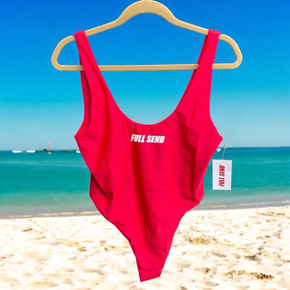 New red Full send baywatch style one piece thong swimsuit